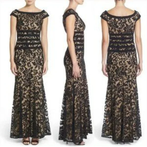 Tadashi Shoji Banded Lace  Black and Tan Maxi Gown with Flutter Cap Slee… - Picture 2 of 12